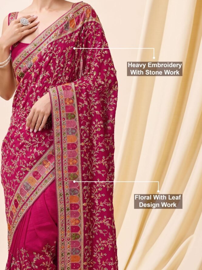 TRENDMALLS Women's Vichitra Silk Embroidery, Siroski Stone Work Saree with Unstitch Blouse Piece (K1085-Pink-) - Image 7