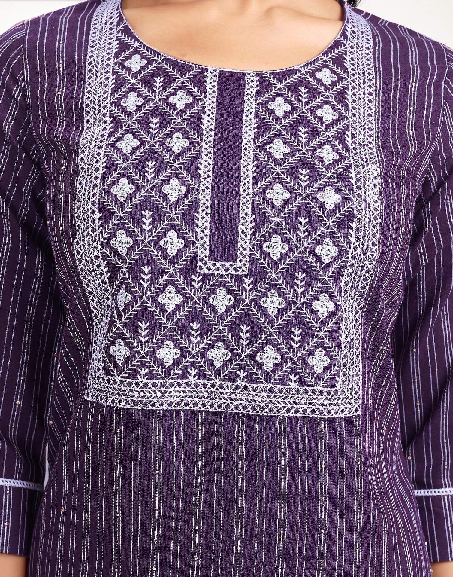 SIRIL Women's Cotton Sequence Embroidery Straight Kurta Pant with Dupatta Set (474K10027-L_Wine) - Image 3