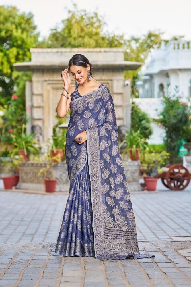 SWORNOF Women's Lucknowi Chikankari Linen Cotton Woven Sarees For Women With Blouse Sarees For Women, Blue - Image 5