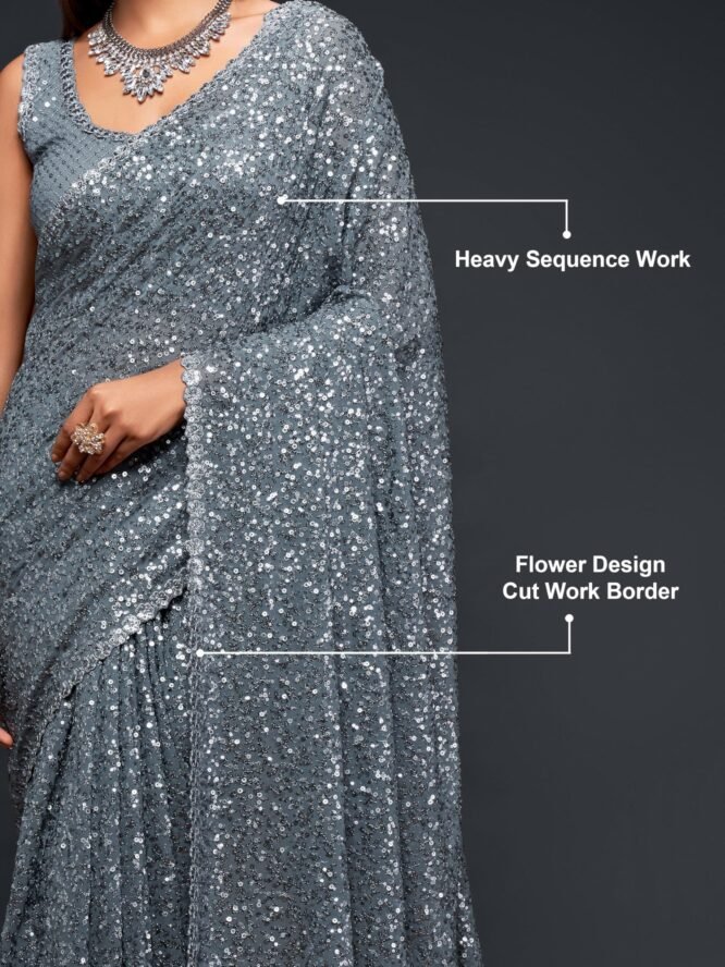 TRENDMALLS Women's Georgette Heavy Sequins Work Heavy Saree with Blouse (Latest-Sequins-Party-Saree) (Grey) - Image 5