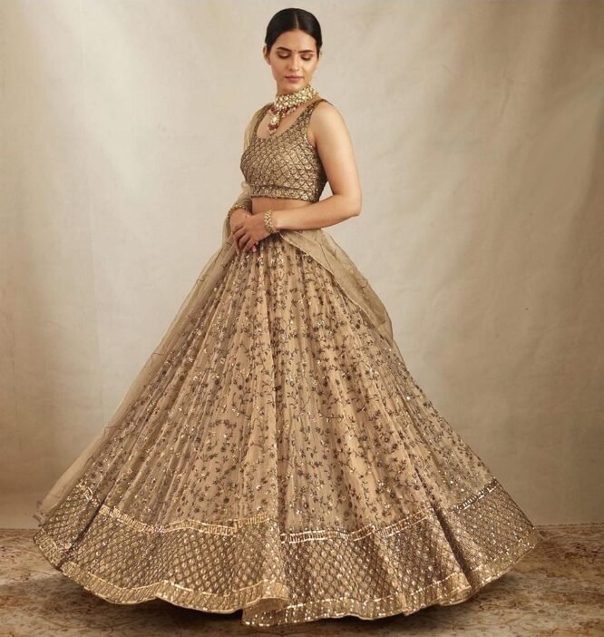 TRENDMALLS Women's Net Embroidery Lehenga Choli With Net Dupatta (L144-Gold, Semi stitched) - Image 7