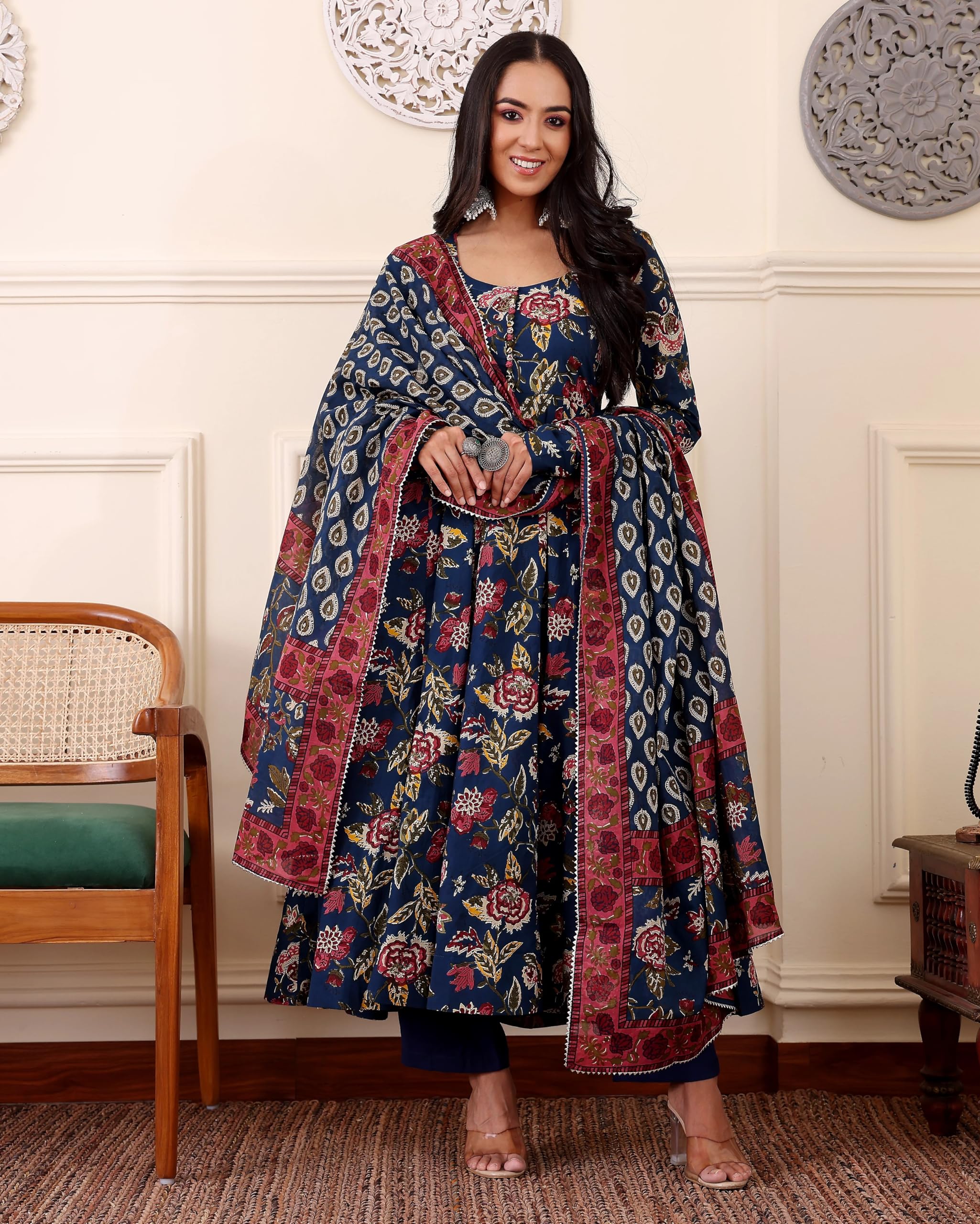 KLOSIA Women Printed Anarkali Kurta and Pant with Dupatta (in, Alpha, M, Blue) - Image 3