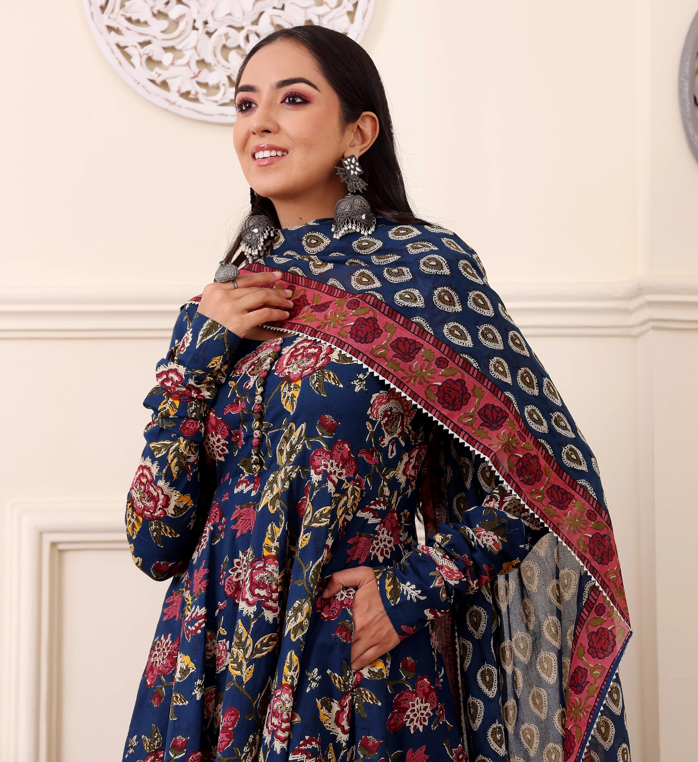 KLOSIA Women Printed Anarkali Kurta and Pant with Dupatta (in, Alpha, M, Blue) - Image 8