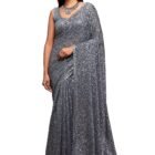 Zeel Clothing Women's Grey Sequins Work Heavy Georgette Saree with Blouse (1007-Slate-Grey-Sequins-Party-Saree, Slate Grey)