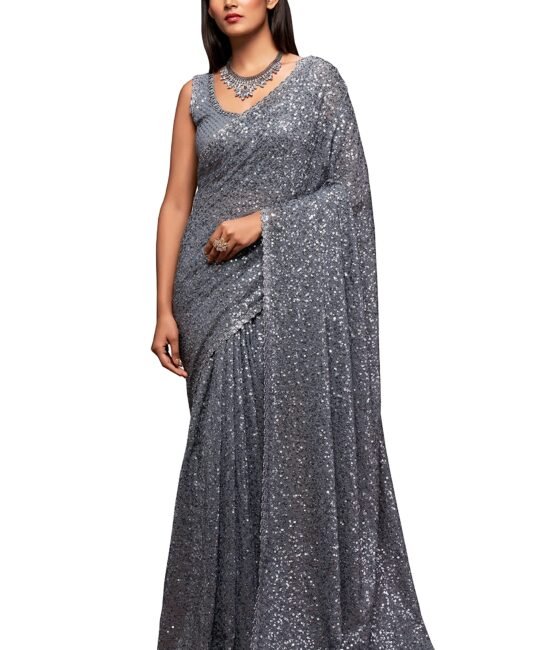 Zeel Clothing Women's Grey Sequins Work Heavy Georgette Saree with Blouse (1007-Slate-Grey-Sequins-Party-Saree, Slate Grey)