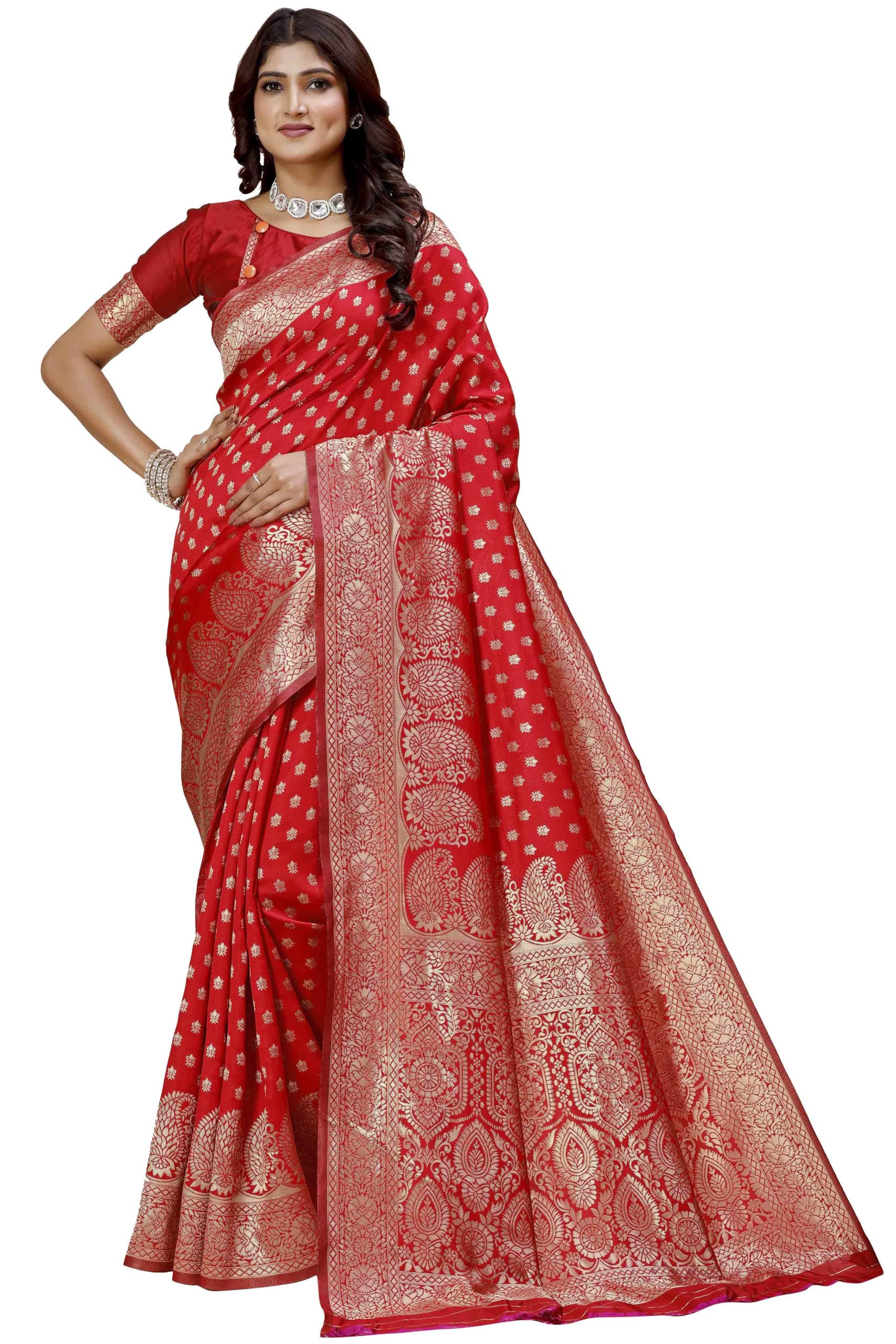 Shasmi Women's Banarasi Saree Pure Kanjivaram Silk Saree Soft new ladies 2025 Design Wear Pattu Sarees Latest Party Sari collections With Blouse Piece for Wedding sadi (PARI-215 RED)