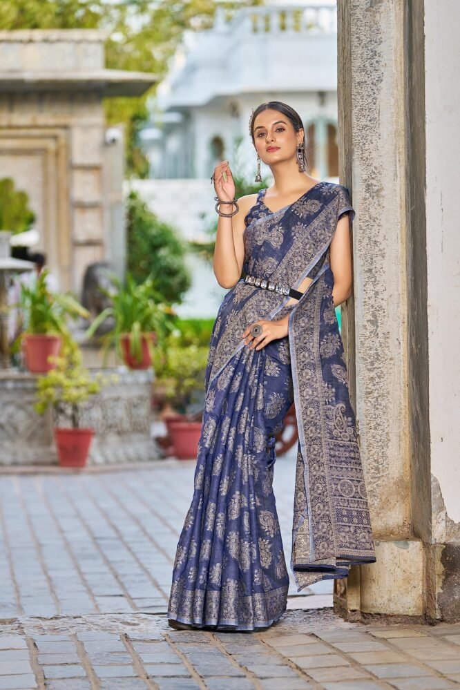 SWORNOF Women's Lucknowi Chikankari Linen Cotton Woven Sarees For Women With Blouse Sarees For Women, Blue - Image 3