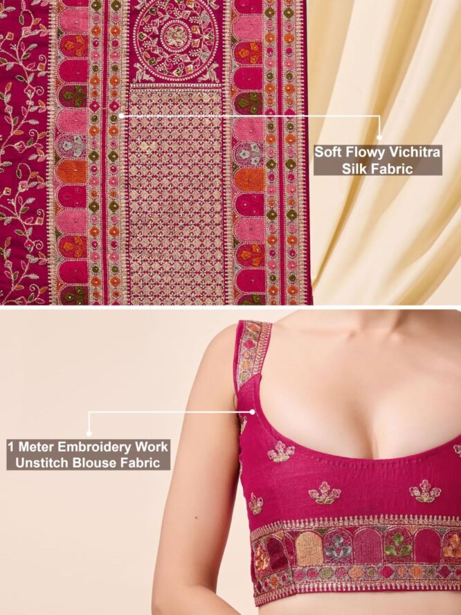 TRENDMALLS Women's Vichitra Silk Embroidery, Siroski Stone Work Saree with Unstitch Blouse Piece (K1085-Pink-) - Image 6