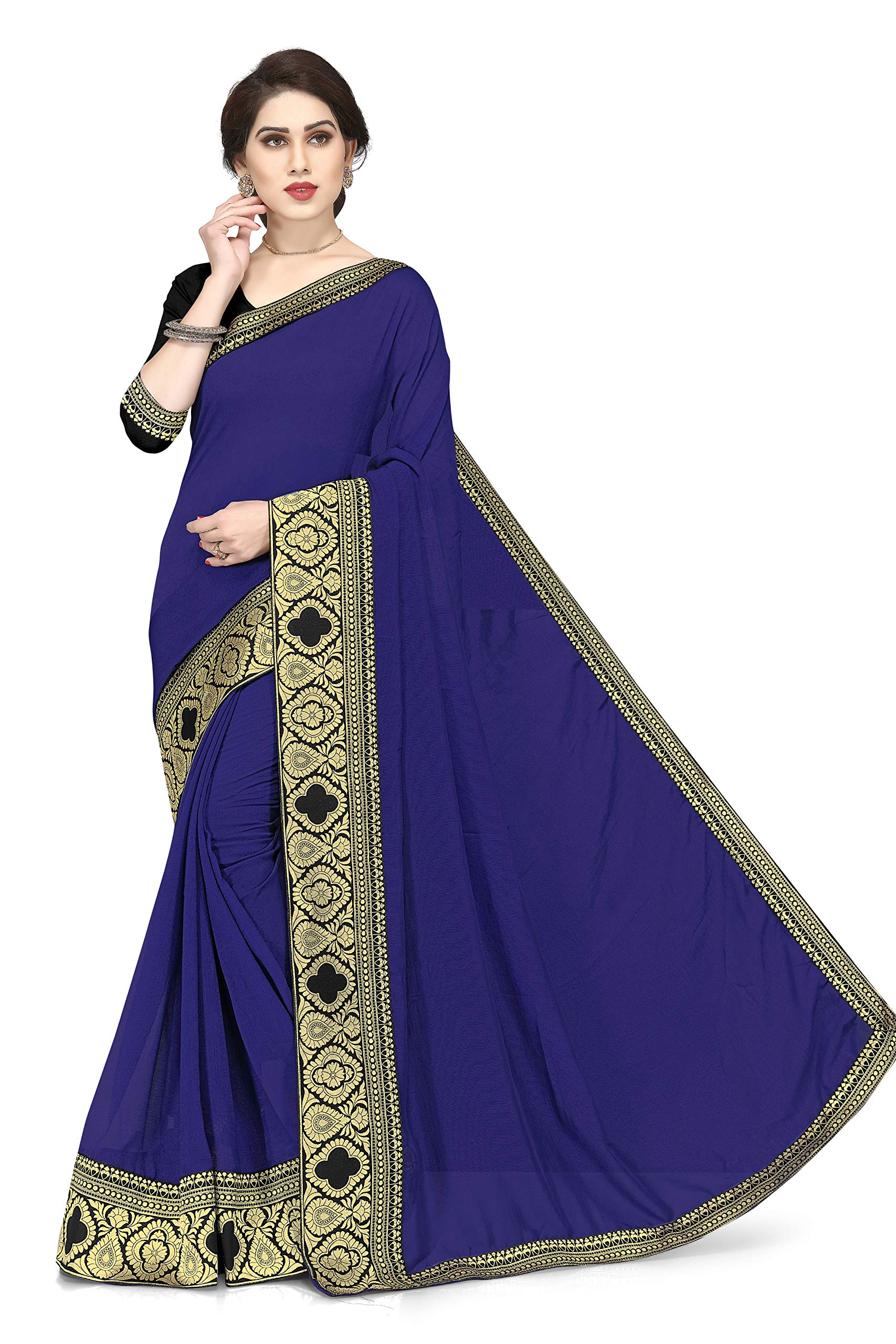 SOURBH Women's Chiffon Woven Zari Work Lace Border Saree with Blouse Piece (12811-Navy Blue)