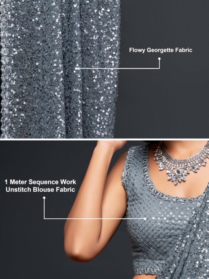 TRENDMALLS Women's Georgette Heavy Sequins Work Heavy Saree with Blouse (Latest-Sequins-Party-Saree) (Grey) - Image 4