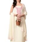 THE WEAVERS SHOP BY RAAVI Crepe Unstitched Salwar Suit Fabric with Chiffon Dupatta | White Thread Hand Embroidery | Dress Material Fits Upto XXXL From
