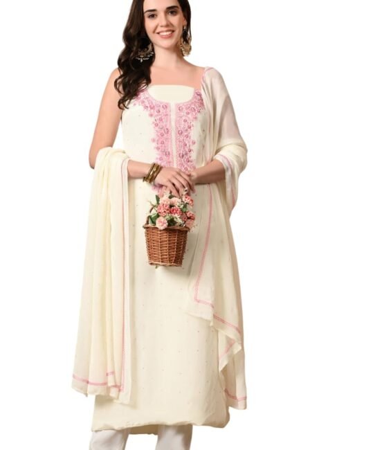 THE WEAVERS SHOP BY RAAVI Crepe Unstitched Salwar Suit Fabric with Chiffon Dupatta | White Thread Hand Embroidery | Dress Material Fits Upto XXXL From