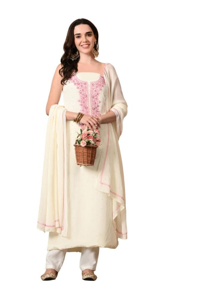 THE WEAVERS SHOP BY RAAVI Crepe Unstitched Salwar Suit Fabric with Chiffon Dupatta | White Thread Hand Embroidery | Dress Material Fits Upto XXXL From
