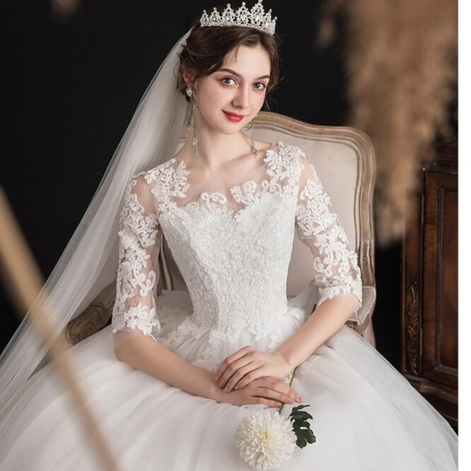 GOWNLINK White Christian Wedding Catholic Wedding Ball Long Gown Dress in White Frock Women with Extra Sleeves Gld30 (Small) - Image 2