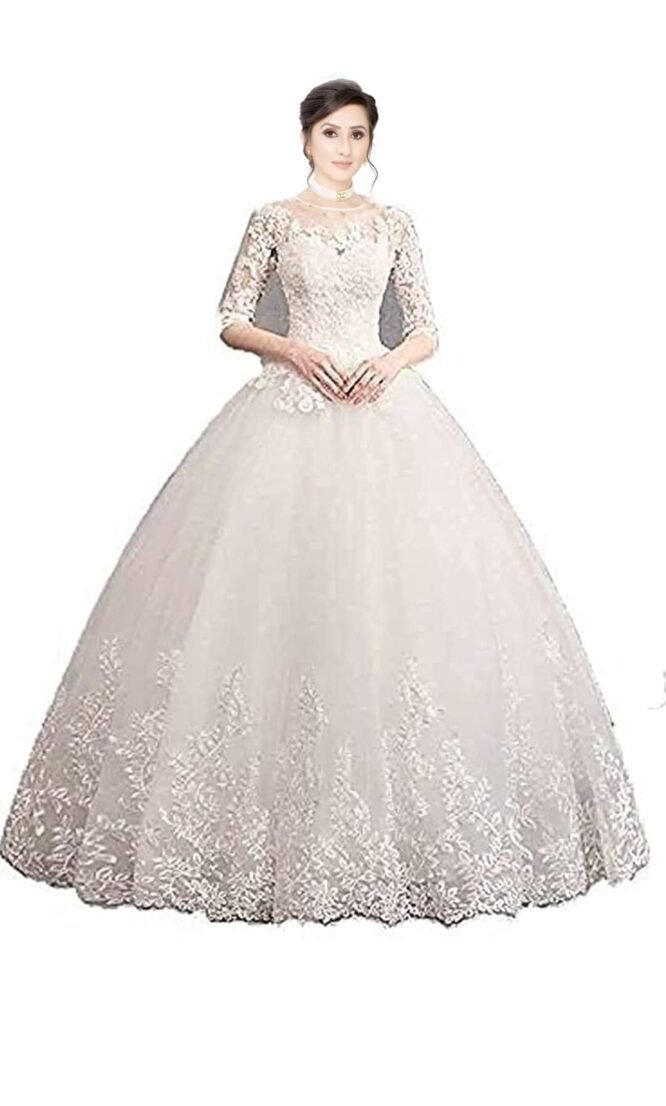GOWNLINK White Christian Wedding Catholic Wedding Ball Long Gown Dress in White Frock Women with Extra Sleeves Gld30 (Small)