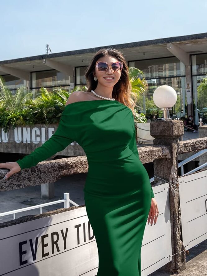 YMDUCH Women Sexy Elegant Long Sleeve Off Shoulder Evening Bodycon Long Formal Dress, Green, M - Image 5