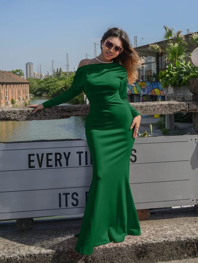 YMDUCH Women Sexy Elegant Long Sleeve Off Shoulder Evening Bodycon Long Formal Dress, Green, M - Image 8