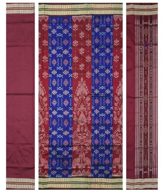 OdiKala Sambalpuri silk dress material set(Traditional design in Blue and maroon colors combination)