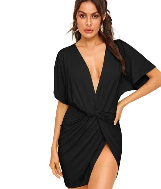 Floerns Women's Deep V Neck Twisted Plunging High Slit Mini Party Dress, A Black Pure, Large