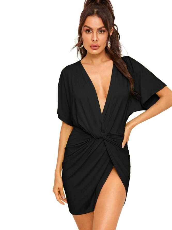 Floerns Women's Deep V Neck Twisted Plunging High Slit Mini Party Dress, A Black Pure, Large