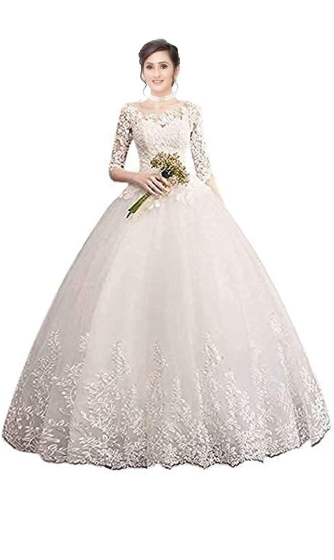 GOWNLINK White Christian Wedding Catholic Wedding Ball Long Gown Dress in White Frock Women with Extra Sleeves Gld30 (Small) - Image 9
