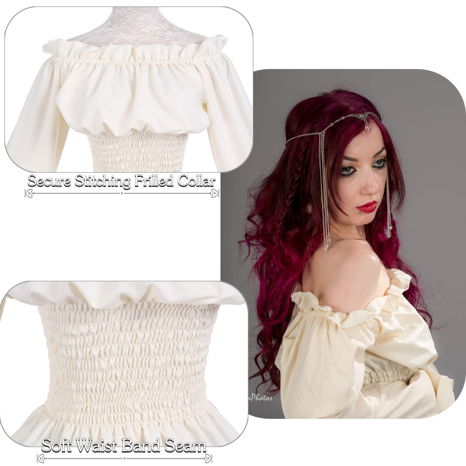 Nspstt Womens Renaissance Medieval Costume Dress Gothic Victorian Fancy Dresses - Cotton, White - Image 4