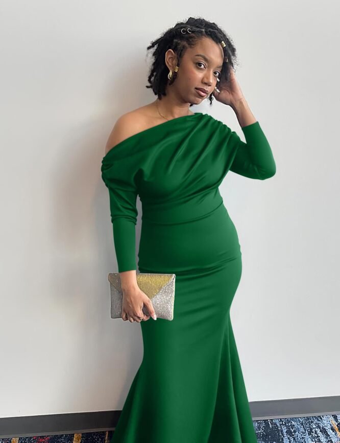 YMDUCH Women Sexy Elegant Long Sleeve Off Shoulder Evening Bodycon Long Formal Dress, Green, M - Image 2