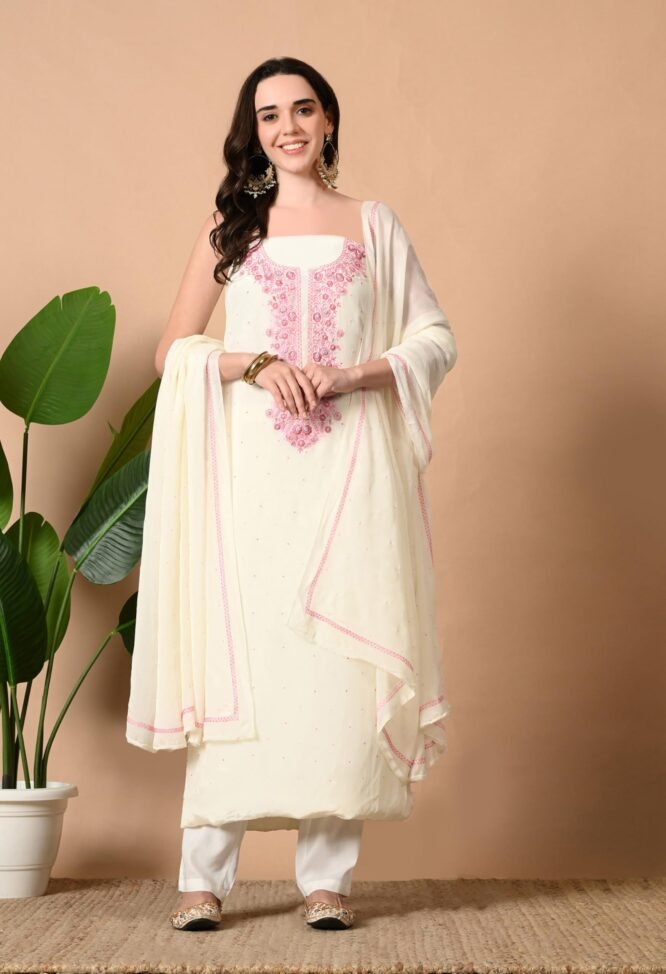 THE WEAVERS SHOP BY RAAVI Crepe Unstitched Salwar Suit Fabric with Chiffon Dupatta | White Thread Hand Embroidery | Dress Material Fits Upto XXXL From - Image 2