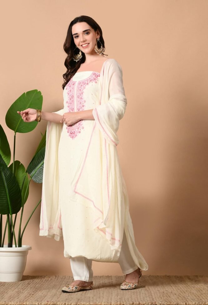 THE WEAVERS SHOP BY RAAVI Crepe Unstitched Salwar Suit Fabric with Chiffon Dupatta | White Thread Hand Embroidery | Dress Material Fits Upto XXXL From - Image 5