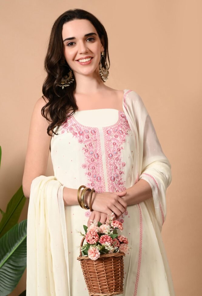 THE WEAVERS SHOP BY RAAVI Crepe Unstitched Salwar Suit Fabric with Chiffon Dupatta | White Thread Hand Embroidery | Dress Material Fits Upto XXXL From - Image 4