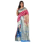 Aishani Collection Woven Patli Pallu Pure Katan Silk Banarasi Traditional Wedding Saree with bp (Pink, Blue)