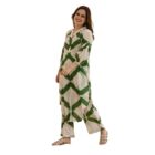 VRITIKA Women's 2-Piece Kurta Pant Set – V-Neck with Button-Down Detailing, Bold Green Chevron Stripes, 60x60 Cotton, Off-White/Cream Base (Size-L)