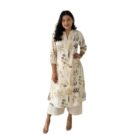 VRITIKA Women's 2-Piece Kurta Palazzo Set – V-Neck with Button Detailing, Nature-Inspired Motif Work, Pure Cotton, Off-White with Earth Prints (Size-L)