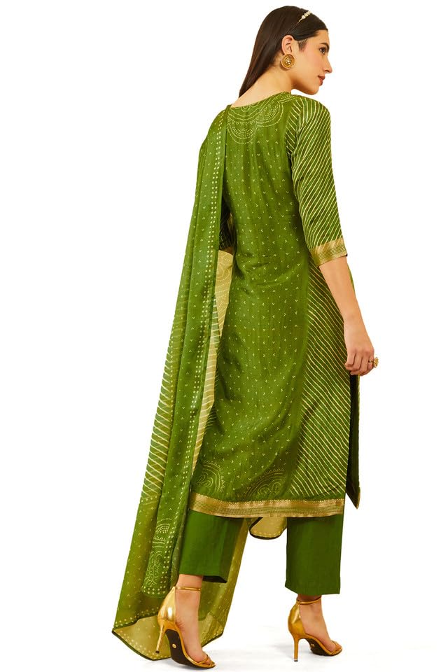 Soch Womens Green Brocade Bandhani Printed Suit Set with Mirror Work - Image 6