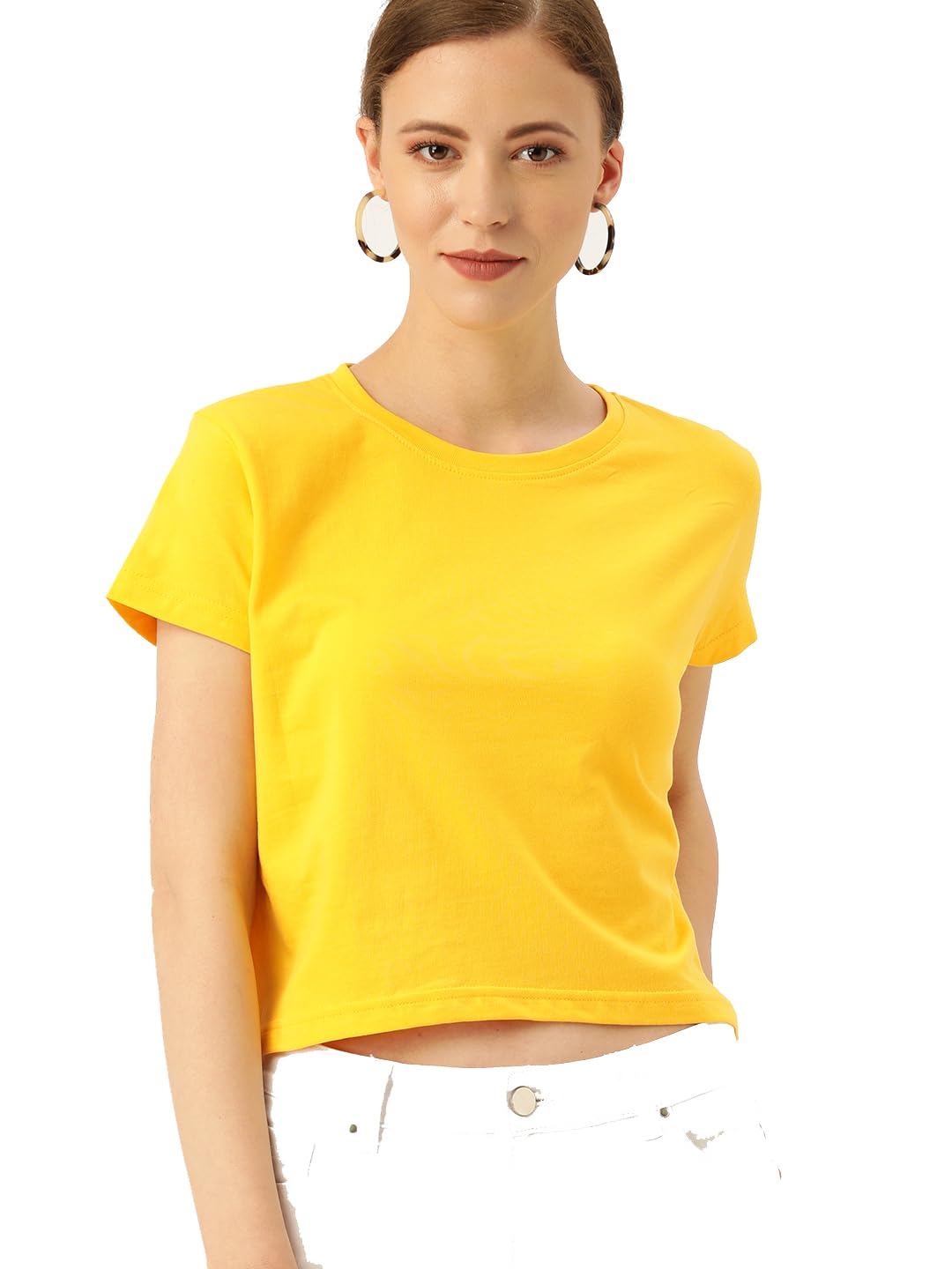 DrunkenMonk Plain Women's Yellow Half Sleeve Crop Top (Yellow, Medium)