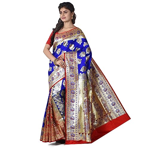 Aishani Collection Pure Katan Silk Wedding Banarasi Women's Saree with bp (Blue, Red) - Image 5