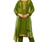 Soch Womens Green Brocade Bandhani Printed Suit Set with Mirror Work
