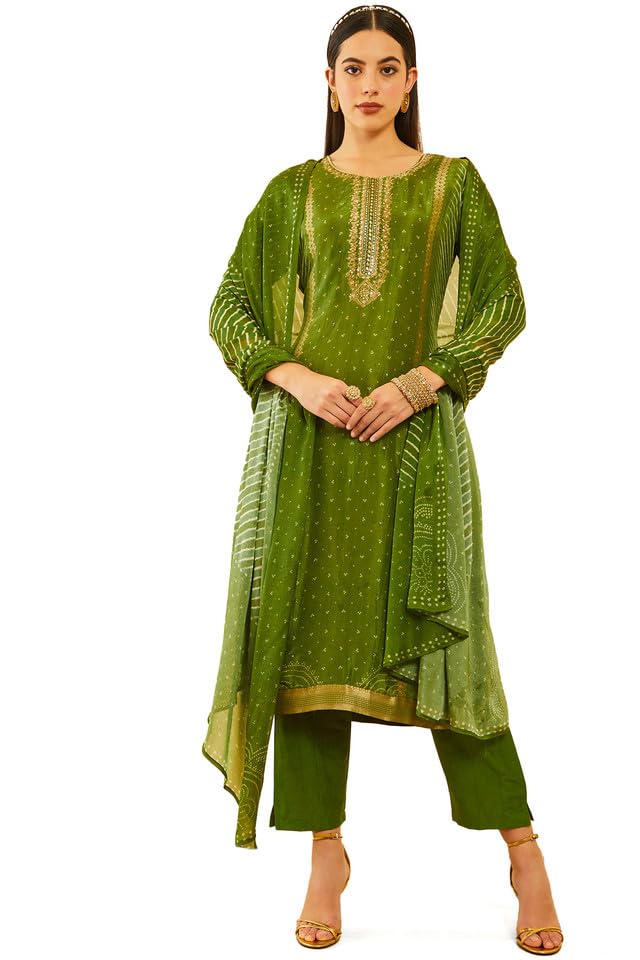 Soch Womens Green Brocade Bandhani Printed Suit Set with Mirror Work