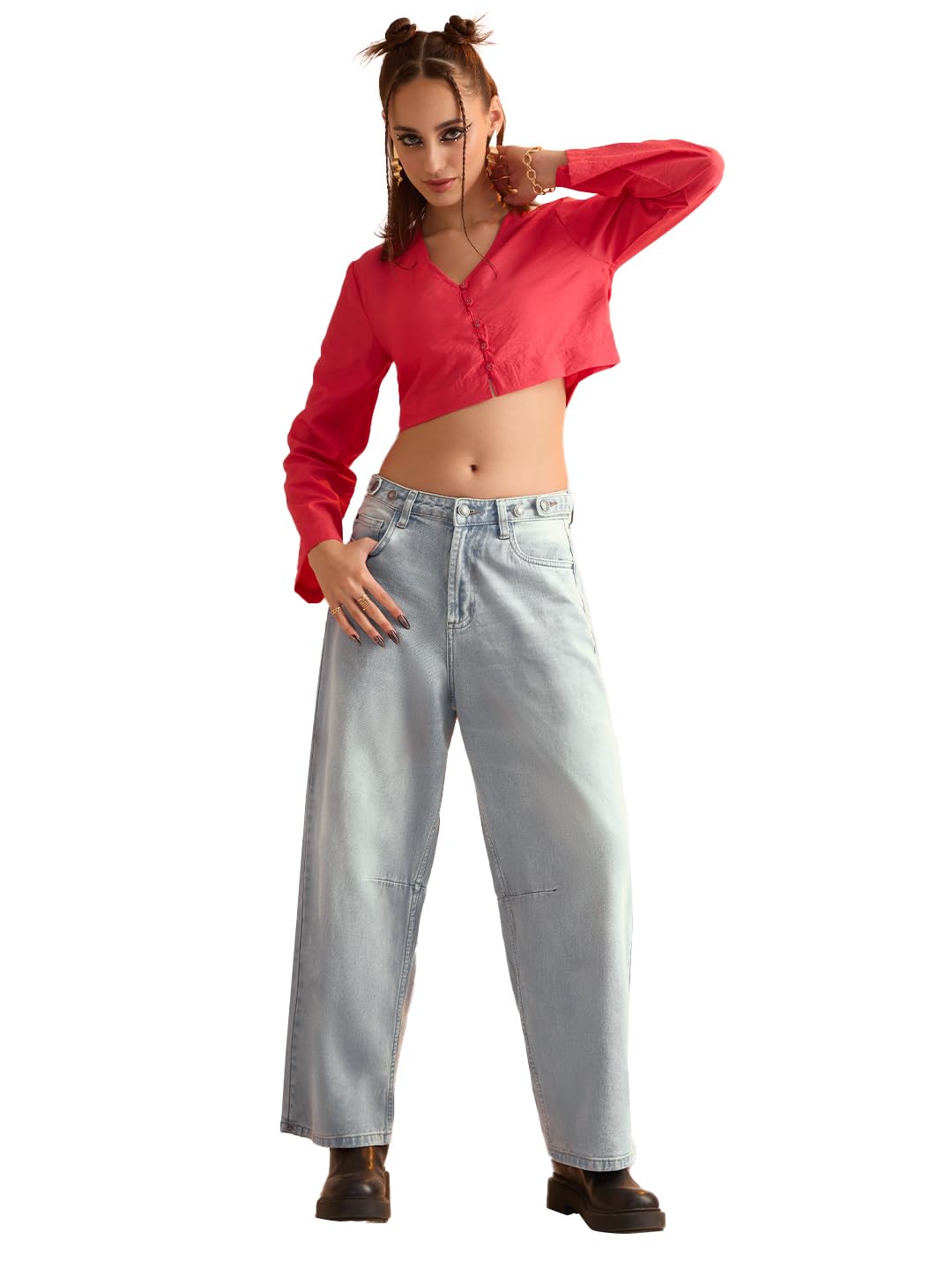 The Souled Store Barrel-Fit Denim: Arctic Women and Girls Buttoned Cotton Barrel Fit Jeans