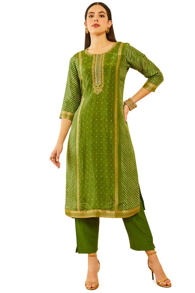 Soch Womens Green Brocade Bandhani Printed Suit Set with Mirror Work - Image 3