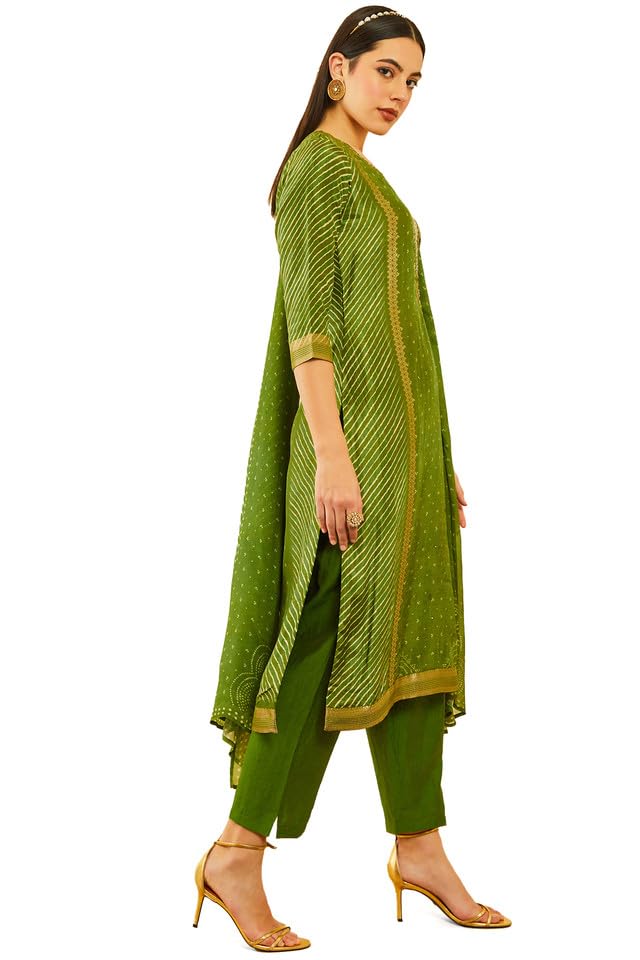 Soch Womens Green Brocade Bandhani Printed Suit Set with Mirror Work - Image 7