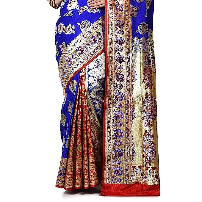 Aishani Collection Pure Katan Silk Wedding Banarasi Women's Saree with bp (Blue, Red) - Image 4