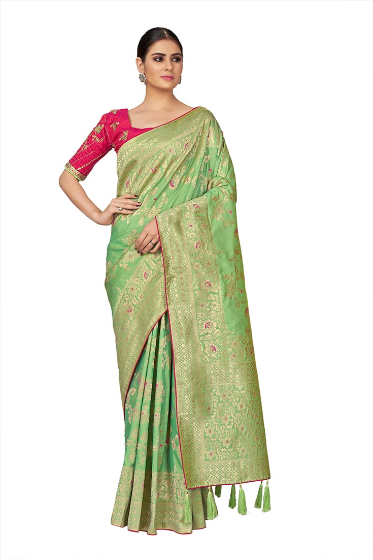 Monjolika Fashion Women's Woven Silk Saree With Blouse Piece (37769_Color_Light Green) - Image 6
