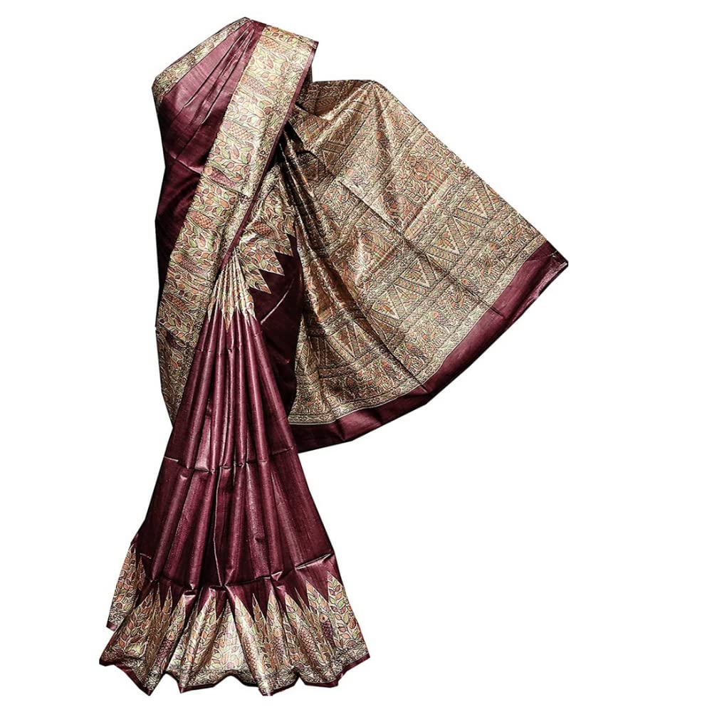 RACHBAI Women PURE HANDLOOM TUSSAR GHICHA MADHUBANI PRINTED PURE SILK SAREE WITH SILK MARK CERTIFIED, Assorted