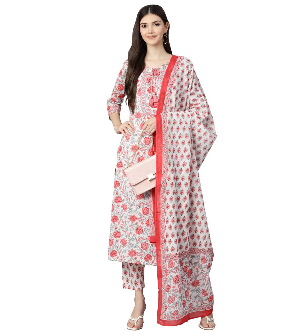 Divena White Floral Printed Kurta Pant Set with Dupatta - Image 2