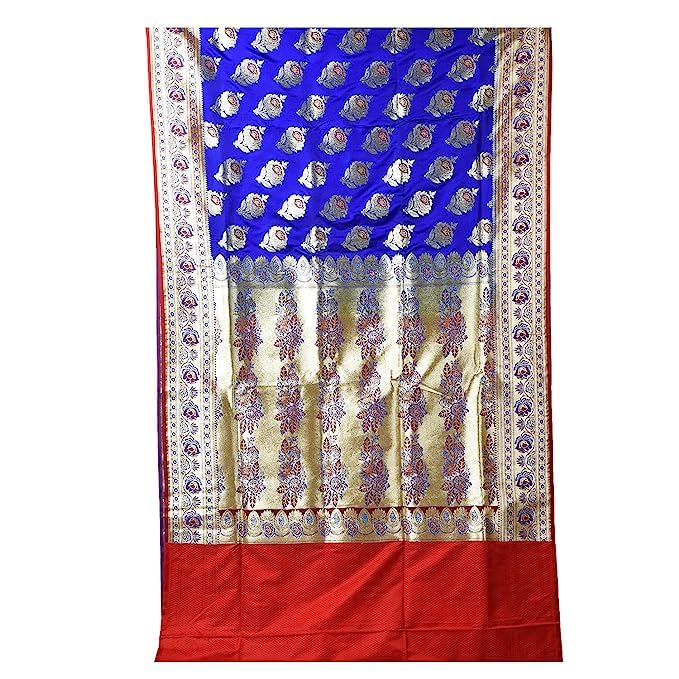 Aishani Collection Pure Katan Silk Wedding Banarasi Women's Saree with bp (Blue, Red) - Image 2