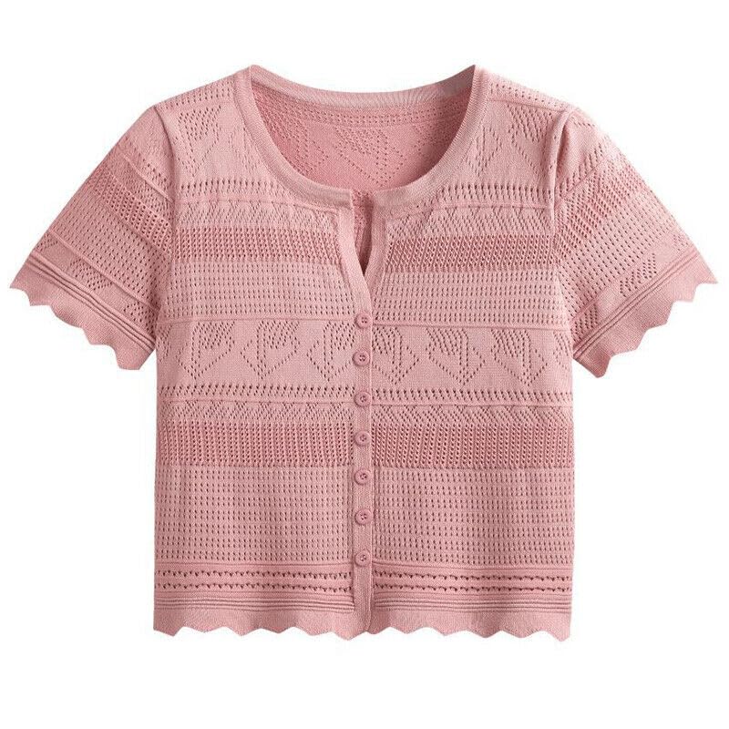 ICW Women's Knit-Rib Acrylic Short-Sleeve Hollow Out Button-Up Crop Top T-Shirt for Girls Dn203 - Image 3