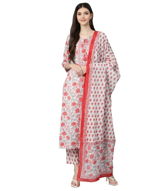 Divena White Floral Printed Kurta Pant Set with Dupatta