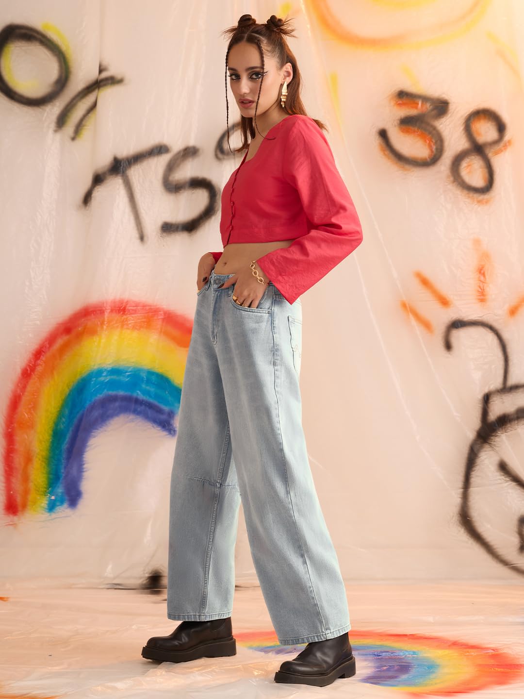 The Souled Store Barrel-Fit Denim: Arctic Women and Girls Buttoned Cotton Barrel Fit Jeans - Image 6