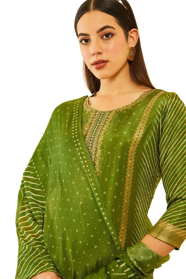 Soch Womens Green Brocade Bandhani Printed Suit Set with Mirror Work - Image 5